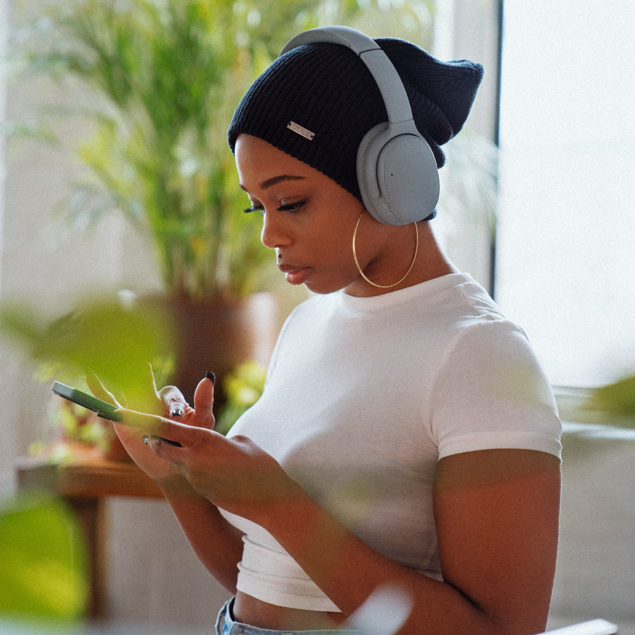 Woman listening to headphones